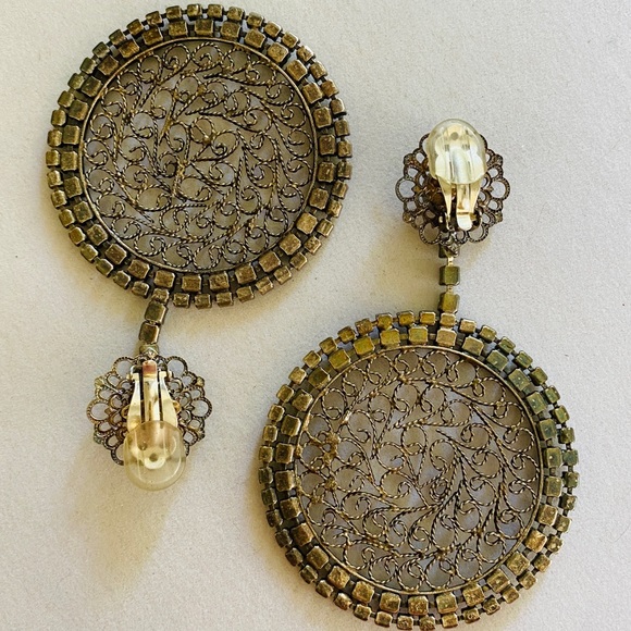 Vintage 1980's NIKOLAS FRANGOS Filigree Rhinestone OVERSIZED Clip On Earrings 4" - Picture 11 of 14